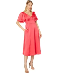 Vince Camuto Crepe Back Flutter Sleeve Satin Midi Dress