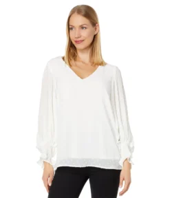 Vince Camuto Long Sleeve Smock Cuff Clip Dot V-Neck Blouse