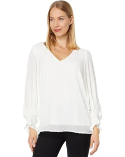 Vince Camuto Long Sleeve Smock Cuff Clip Dot V-Neck Blouse