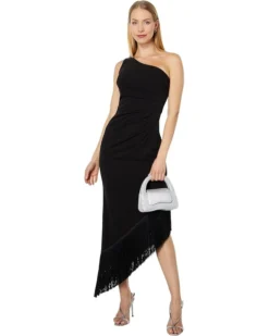 Vince Camuto Sleeveless One Shoulder High-Low Fringe Hem Midi Dress