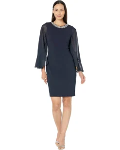 Vince Camuto Split Caped Sleeve Bodycon With Embellished Jewel Neck