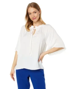 Vince Camuto Split-Neck Blouse With Pleats On Sleeve