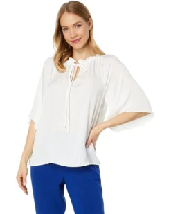 Vince Camuto Split-Neck Blouse With Pleats On Sleeve