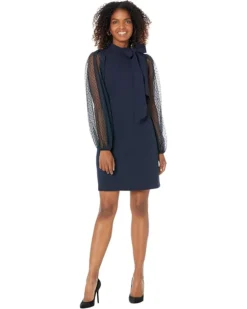 Vince Camuto Bow Neck Shift Dress With Flock Mesh Dot Sleeves