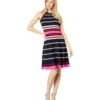 Vince Camuto Halter Neck Sleeveless Fit-and-Flare Stripe