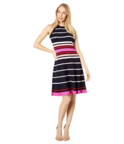 Vince Camuto Halter Neck Sleeveless Fit-and-Flare Stripe