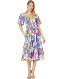 Vince Camuto Square Neck Puff Sleeve Flounce Floral Midi Dress