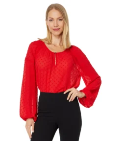 Vince Camuto Long Sleeve Keyhole Front Crinkle Clip Dot Blouse