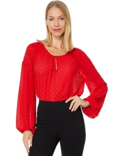 Vince Camuto Long Sleeve Keyhole Front Crinkle Clip Dot Blouse