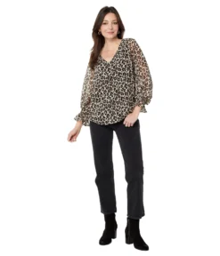Vince Camuto Long Sleeve V-Neck Elegant Leopard Smock Cuff Blouse -Vince Camuto 711g8AFO8BL