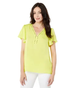 Vince Camuto Short Sleeve Embroidered V-Neck Rumple Blouse