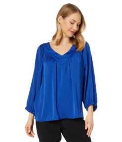 Vince Camuto Wide V-Neck Blouse With Shirring
