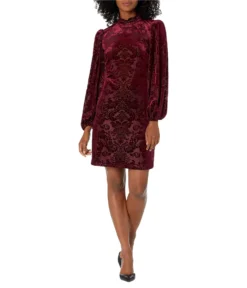 Vince Camuto Velvet Burnout High Neck Ruffle T-Body Shift With Voluminous Long Sleeve