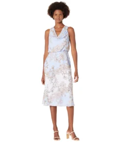 Vince Camuto Printed Crepe Cowl Neck Bow Back Midi