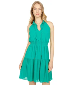 Vince Camuto Chiffon Ruffle Neck Halter Fit-and-Flare Dress With Smocked Waist