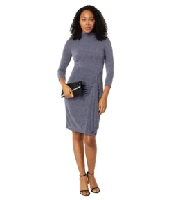 Vince Camuto Glitter Knit Bodycon With Turtleneck And Front Drape