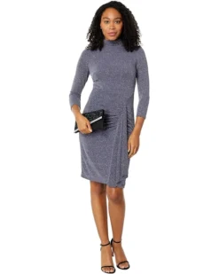 Vince Camuto Glitter Knit Bodycon With Turtleneck And Front Drape