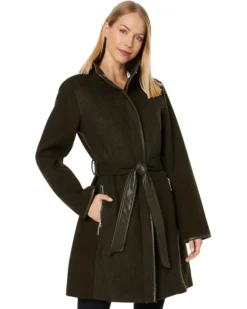Vince Camuto Belted Wool Coat With High Neck And PU Trim V29777A-ME