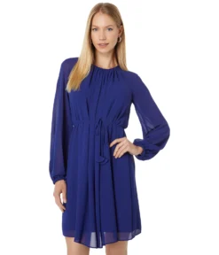 Vince Camuto Chiffon Shirring Neck Balloon Sleeve Dress