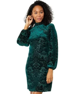 Vince Camuto Velvet Burnout High Neck Ruffle T-Body Shift With Voluminous Long Sleeve