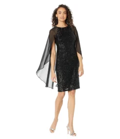 Vince Camuto Sequin Sheath Dress With Chiffon Cape