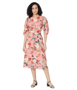 Vince Camuto Printed Pebble Crepe Boatneck High-Low Flutter Sleeve Midi