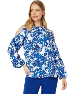 Vince Camuto Long Sleeve Open Shoulder Layard Leaves Halter Blouse