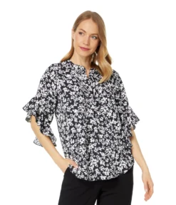 Vince Camuto Pin Tuck Flutter Sleeve Henley Blouse