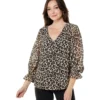 Vince Camuto Long Sleeve V-Neck Elegant Leopard Smock Cuff Blouse