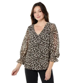 Vince Camuto Long Sleeve V-Neck Elegant Leopard Smock Cuff Blouse