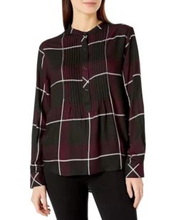 Vince Camuto Camuto Women's Windowpane Roll Tab Pintuck Henley Top