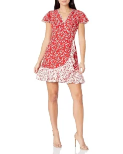 Vince Camuto Camuto Women's Printed CDC Faux Wrap Fit And Flare Dress With Contrast Ruffle Hem