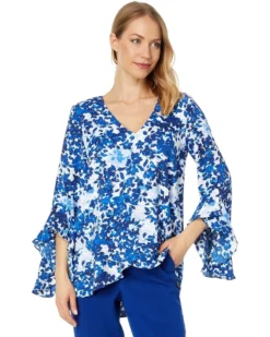 Vince Camuto Flutter Sleeve V-Neck Layered Leaves