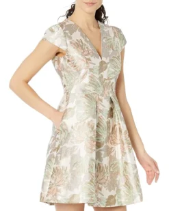 Vince Camuto Jacquard Cap Sleeve V-Neck Fit-and-Flare