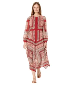 Vince Camuto Printed Chiffon Long Sleeve Handkerchief Hem Maxi