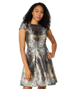 Vince Camuto Jacquard Cap Sleeve Bateau Neck Fit-and-Flare With V-Back