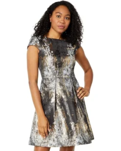 Vince Camuto Jacquard Cap Sleeve Bateau Neck Fit-and-Flare With V-Back