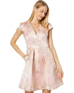 Vince Camuto Jacquard Cap Sleeve V-Neck Fit And Flare